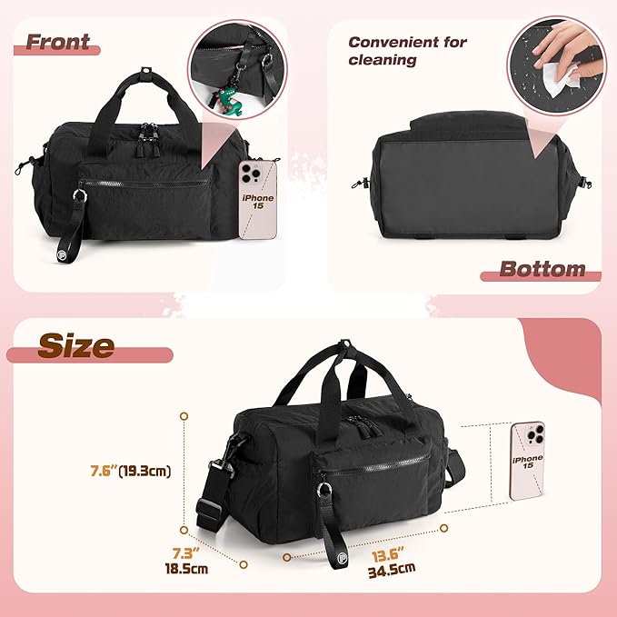 Small Gym Bag for Women, Mini Duffle Bag with Wet Compartment, 12L Travel Carry on Weekender Bag for Sports, Workout and Fitness, Black