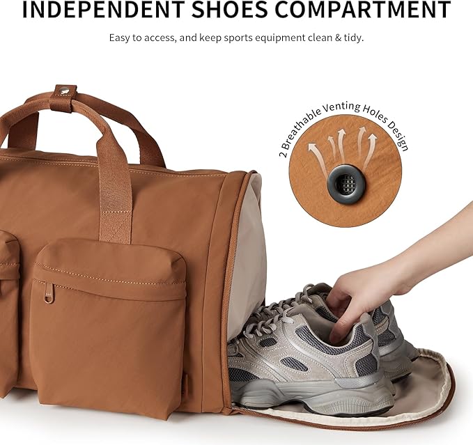 Aji Foldable Travel Duffel Bag for Women with Shoes Compartment, 3 in 1 Carry on Gym Bag with Removable Dry Wet Bag, Lightweight&Water Resistant Duffel Bag for Travel,Sports&Workout, Warm Brown