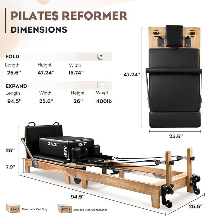 Pilates Reformer, Wooden Foldable Pilates Machine for Home Use, All-in-One Studio Equipment with 6 Springs, Jump Board, Sitting Box & Accessories 3t3 libras
