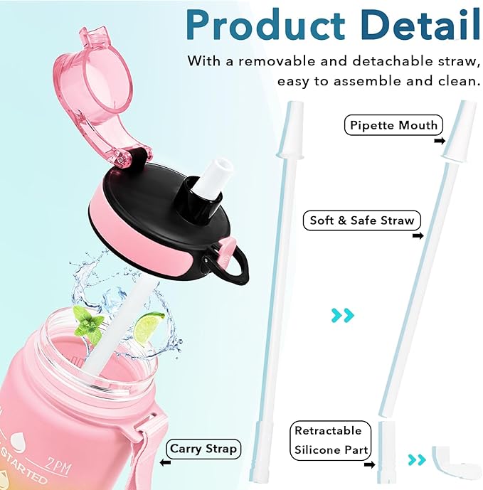 Enerbone Water Bottle, Leakproof BPA & Toxic Free, Motivational Water Bottle with Times to Drink and Straw, Fitness Sports Water Bottle with Strap for Office, Gym, Outdoor Sports