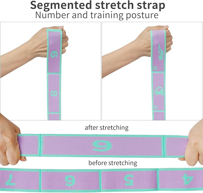 Elastic Yoga Stretching Strap with 9 Loops Pattern Guide, Stretch Straps for Pilates, Dance, Gymnastics Physical Therapy, Multi-Loop Adjustable Exercise Bands