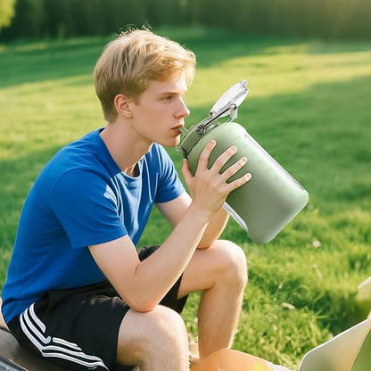 Large Glass Water Bottles with Stainless Steel Handle,100 oz Gallon Drinking Bottle with 2-in-1 Straw Lid,3 Liter Glass Water Jug with Silicone Sleeve,Wide Mouth,Light Green