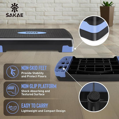 SAKAE Step Aerobics Platform Set with Dumbbells & Measuring Tape, Aerobic Steppers for Exercise at Home, Adjustable Height 2 Level Risers Workout Step Trainer with Non-Slip Surface, Multiple Colors