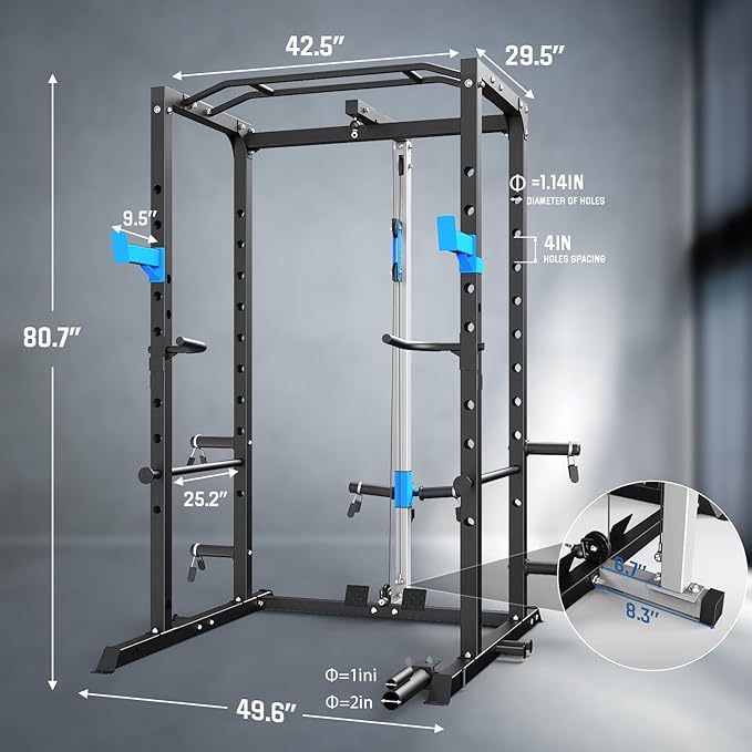 Power Cage, Multi-Functional Power Rack with J-Hooks, Dip Handles, Landmine Attachment and Optional Cable Pulley System for Home Gym