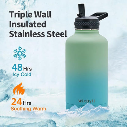 64 oz Insulated Water Bottle with Straw (Cold for 48 Hrs), Half Gallon Stainless Steel Triple Wall Vacuum Sports Water Jug, Leakproof Hydro Cup Flask with Straw Spout Lids & DIY Stickers