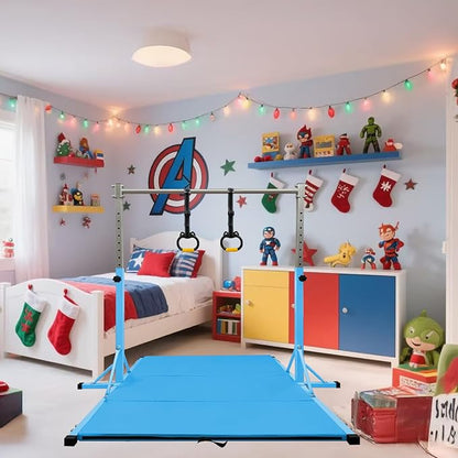 Gymnastics Bar for Kids Girls Ages 3-15 with Ring for Home Indoor Training Equipment- Steady Steel Construction, Anti-Slip, Easy to Assemble, 3' to 5' Adjustable Height