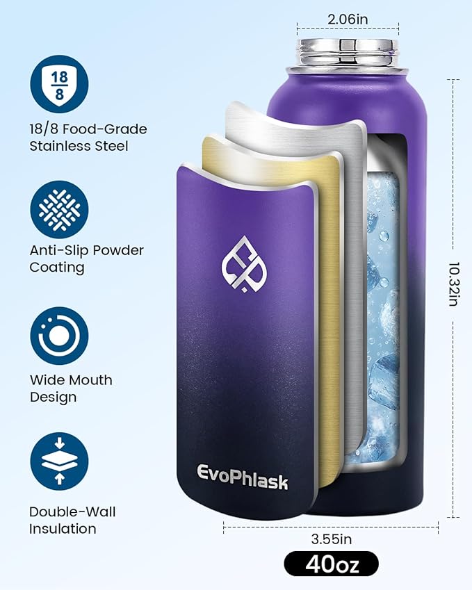 Insulated Water Bottle 40 oz, Vacuum Stainless Steel Water Bottle Keep Cold 48Hrs, Large Metal Water Jug for Travel, Sport, Gym, Hiking with Carrier Bag, Purple/Black