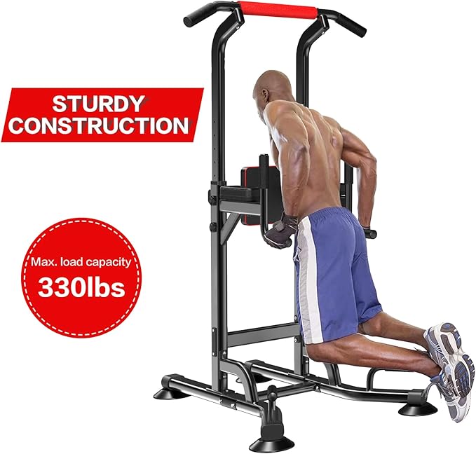 Power Tower Pull Up Bar Station Dip Stands with 6 Height Levels 59”-90” for Home Gym Workout Station Strength Training Equipment