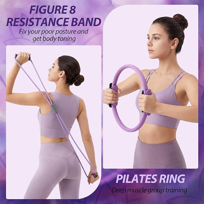 Soulchen 13 Pcs Pilates Equipment Kit for Home Workout Pilates Ring and Ball Set for Women 1.1lb *2 Ergonomic Bone Shaped Dumbbells with Resistance Bands, Yoga Strap, Bag