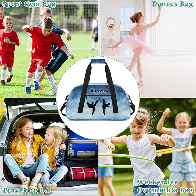 Personalized Gym Bag for Boys, Custom Sport Gym Taekwondo Silhouette Cheerleading Duffel Bag Weekender Fitness Bags Travel Duffel Bag, Watercolor Blue Starry Night