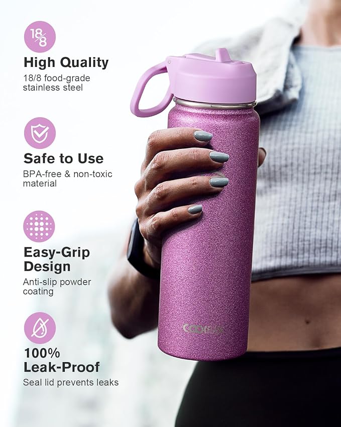 Coolflask Water Bottle 24 oz Insulated with Straw, Stainless Steel Metal 3 Lids Water Flask Wide Mouth for Sports or Office, Non-BPA Keep Cold Up to 48 Hrs or Hot Up to 24 Hrs, Glitter Pink