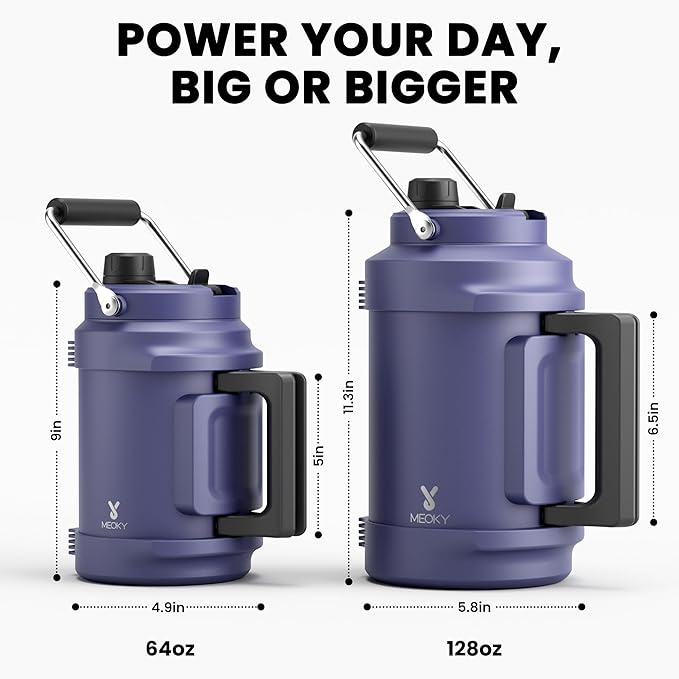 1 Gallon Insulated Water Bottle for Sports: Meoky 128 oz Triple Wall Vacuum Stainless Steel Water Jug - Top and Side Handles, Cold for 48 Hrs, 2-in-1 Straw and Spout Lid, Leak Proof for Hiking (Navy)