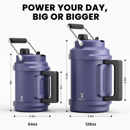 1 Gallon Insulated Water Bottle for Sports: Meoky 128 oz Triple Wall Vacuum Stainless Steel Water Jug - Top and Side Handles, Cold for 48 Hrs, 2-in-1 Straw and Spout Lid, Leak Proof for Hiking (Navy)