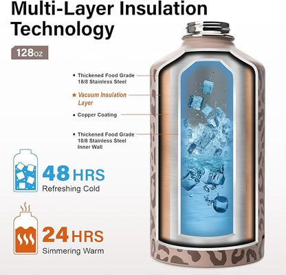 1 Gallon Water Bottle Insulated | Thickened Stainless Steel Vacuum Metal Water Jug | Portable Sports Large for Gym and Hiking with Straw, Carrier Bag, Handle Strap | BPA-Free 128 oz