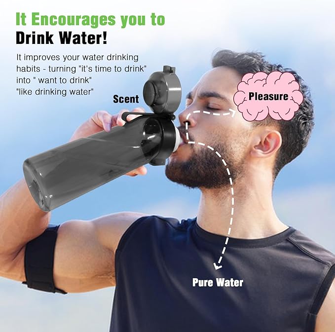 Air Scent Water Bottle with 12 Flavor Pods 650ML Fruit Fragrance Scented Water Cup BPA Free 0% Sugar For Fitness And Outdoor (1 Bottle Black+12 pods in random flavors)