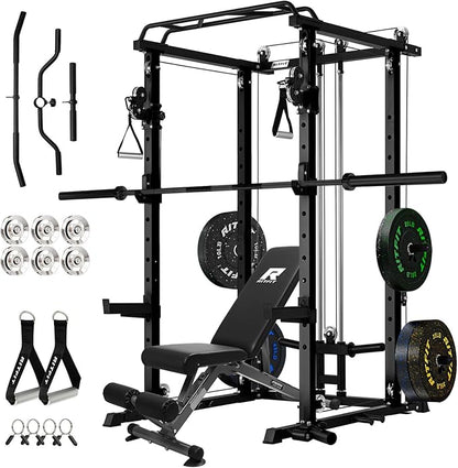 RitFit Multi-Function Garage & Home Gym Package Includes 1200LBS Power Cage PPC03/P3 with Cable Crossover System, Weight Bench, Olympic Barbell Weight Set, Full Body Workout