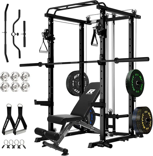 RitFit Multi-Function Garage & Home Gym Package Includes 1200LBS Power Cage PPC03/P3 with Cable Crossover System, Weight Bench, Olympic Barbell Weight Set, Full Body Workout