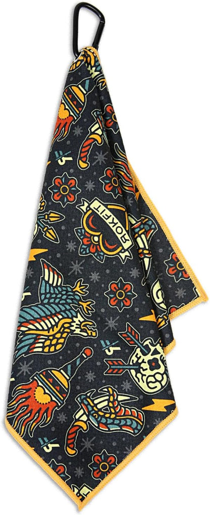RokFit Gym & Golf Towel – Multi-Use, Quick-Dry, Durable Utility Towel with Bold Graphic and Carabiner Clip (Tattoo Flash Pattern)