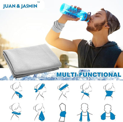 JUAN & JASMIN 2 Pack Cooling Towels (19.5"x15"), Soft Breathable Chilly Towels, Super Absorbent, Ice Wraps, Towels-Ideal for Hiking, Running, Workout, Gym, Dancing, Camping, Fitness (Light Gray)