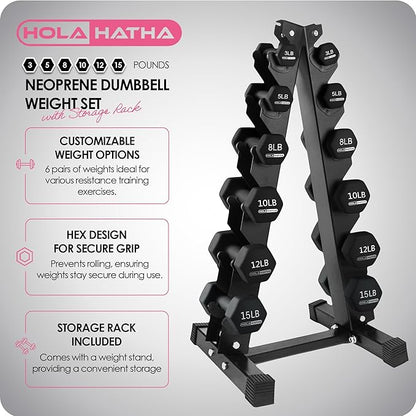 HolaHatha 2, 3, 5, 8, and 10 Pound Neoprene Dumbbell Free Hand Weight Set with Rack, Ideal for Home Exercises to Gain Tone and Definition, Pastel