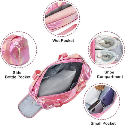 Gym Bag Sports Duffle Bag with Wet Pocket Weekender Overnight Bag with Waterproof Shoe Pouch and Air Hole for Girls Kids Women Travel Foldable Bag