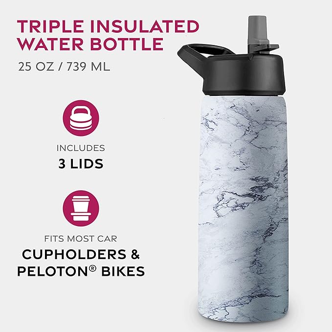FineDine Triple Walled, Insulated Water Bottles with Straw - 25 Oz Stainless Steel Metal Bottle W/ 3 Leak Proof Lids - For Travel, School, Sports, Gym/Men, Women & Kids - Fresh White Marble