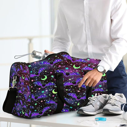 Travel Duffel Bag Bat Galaxy Moon Flower Sport Tote Gym Bag Waterproof Foldable Carryon Weekend Overnight Training Handbag Sports Duffle Bags for Women Men Boys Girls