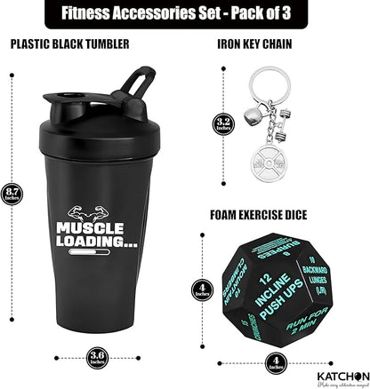 KatchOn, Fitness Gift Set – Pack of 4 | Gym Accessories for Men, with Exercise Dice | Valentine Gifts for Him | Workout Gifts for Men, Pre Workout Shaker, Dice and Dumble Keychains