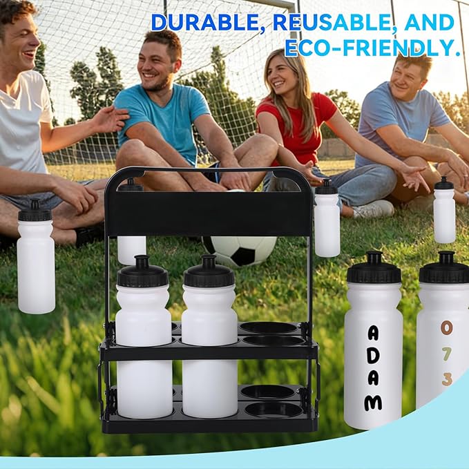 2026 Upgraded Water Bottle Carrier with 8pcs 20 oz Bottles and Stickers, Plastic Wide Squeeze Water Sports Bottles, Foldable Water Bottle Carrier, Soccer Water Bottles, Sports Team, Fitness Bike Gym