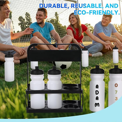 2026 Upgraded Water Bottle Carrier with 8pcs 20 oz Bottles and Stickers, Plastic Wide Squeeze Water Sports Bottles, Foldable Water Bottle Carrier, Soccer Water Bottles, Sports Team, Fitness Bike Gym