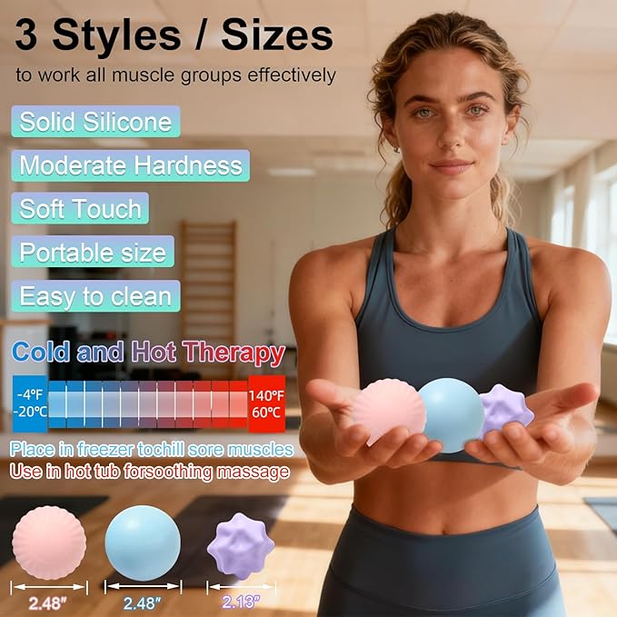 HODEMI Massage Ball Set, 3 Pack Lacrosse Ball, Textured Massage Ball & Trigger Point Ball for Deep Tissue Muscle Massage and Myofascial Release for Back, Neck, Shoulder, Leg and Foot with Mesh Bag