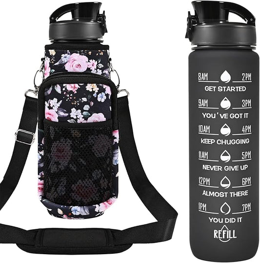 32 oz Water Bottles with Straw & Strap, Motivational Water Bottles with Times to Drink, BPA Free Reusable Sports Water Bottle with Sleeve Carrier for Hiking, Travel, Running or Fitness
