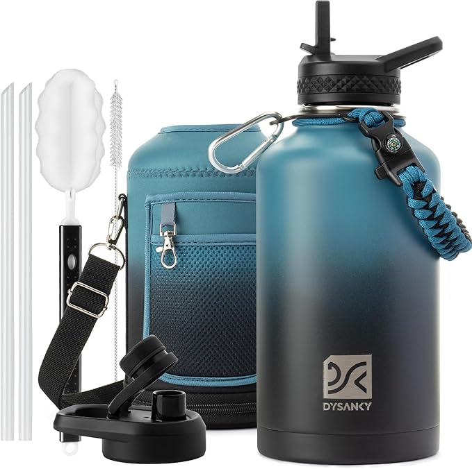 64 oz Insulated Water Bottle | Thickened Stainless Steel Water Jug for Gym and Hiking with Straw, Carrier Bag, Handle Strap | BPA-Free 64 oz