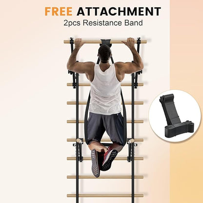 Swedish Ladder Wall Gym, Stall Bar Home Gym with Adjustable Pull-Up Bar, Dip Bar Attachments & 2pcs Resistance Band, 9 Strategic Rods for for Home, School, Hysical Therapy and Gymnastics