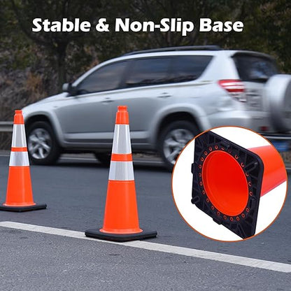 4 Pack 28 Inch Orange PVC Traffic Cones Black Base Stable Flexible, Road Safety Construction Zone Crowd Control Parking Safety Markers (4, Orange, 28 Inch)