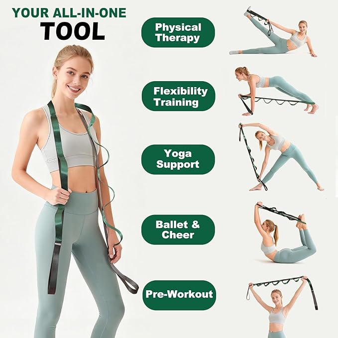 Stretching Strap with 10 Loops – Non-Elastic Yoga Strap for Physical Therapy, Knee Replacement Recovery & Plantar Fasciitis – Leg Stretcher Band for Flexibility & Hamstring Rehab