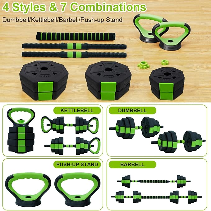 Adjustable Dumbbell Set, 30/44/66/88Lbs Free Weight Set with Connector, 4 In1 Dumbbells Set Used As Barbell, Kettlebells, Push Up Stand,Green and Black