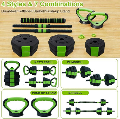 Adjustable Dumbbell Set, 30/44/66/88Lbs Free Weight Set with Connector, 4 In1 Dumbbells Set Used As Barbell, Kettlebells, Push Up Stand,Green and Black