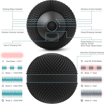Vibrating Massage Ball with Heat, 7 Modes, Memory Function, Myofascial Release, Deep Tissue Muscle Recovery Ball for Trigger Point Massage - Mobility Ball Back & Hip Release Tool (Black)