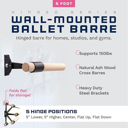 VITA Barre Wall-Mounted Single Ballet Barre, Traditional, Wood and Aluminum | Hinged Height, Made in USA, Home, Studio or Gym Exercise Equipment for Kids & Adults | Dance, Fitness, Pilates