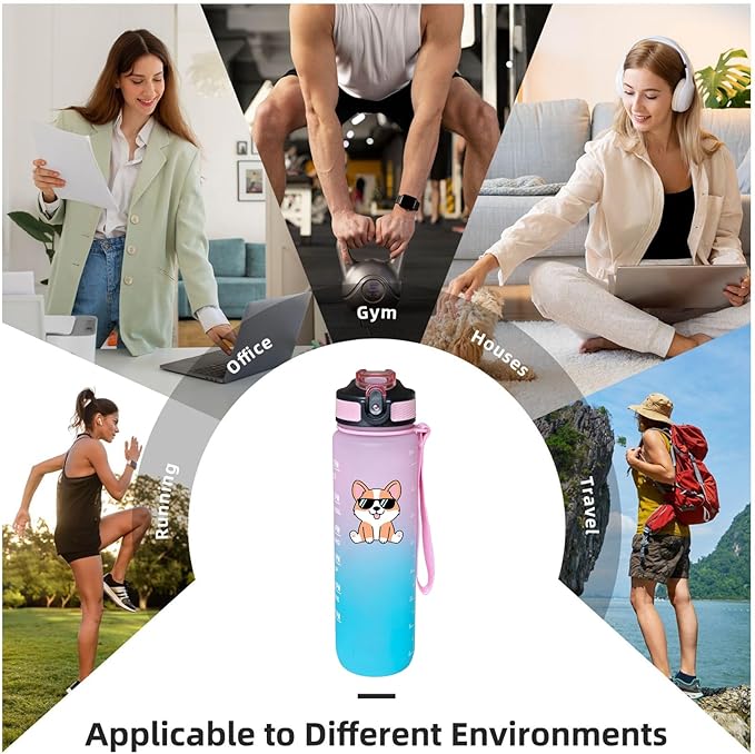 Cute Corgi Water Bottle 32 Oz – Leakproof BPA Free Sport Water Bottle with Straw & Carry Strap, Motivational Time Marker for Gym, Fitness, Outdoor, Travel, Office, Biking, Dog Lover