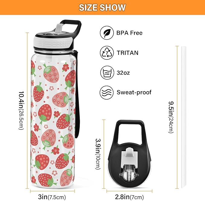 Burbuja Red Strawberry 32 oz Water Bottle with Straw Lid, Leakproof & BPA Free Tritan Bottle for Gym Fitness Outdoor Sports