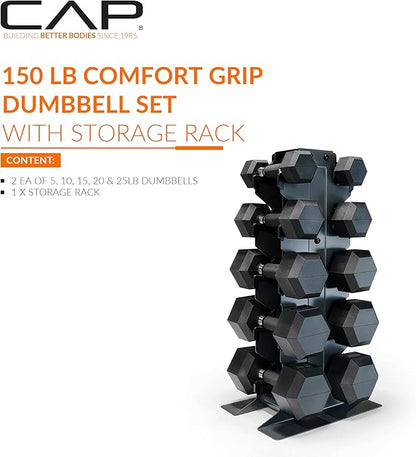 CAP Barbell Rubber Coated Hex Dumbbell Set with Vertical Rack | 100-300 lbs Free Weights Dumbbells Set for Home Gym | Multiple Options