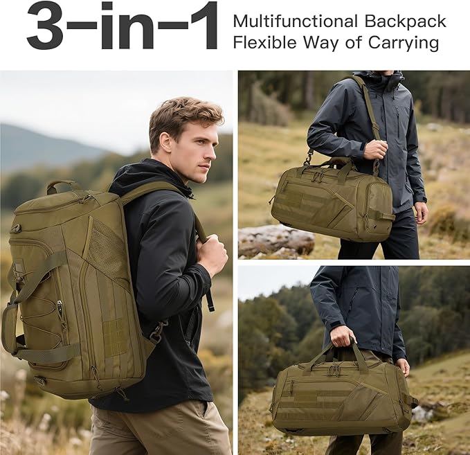 3-in-1 Tactical Gym & Travel Duffle Bag Backpack Men Multi-Functional 45L Military Sports Duffle Bag with Shoe Compartment & Wet Pocket for Workout Weekender Overnight Bag with Molle Webbing, Brown