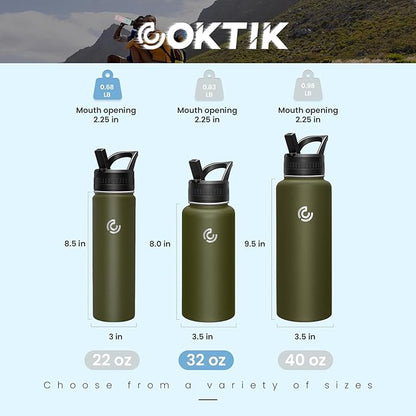 COKTIK 32oz Sports Water Bottle, Stainless Steel Water Bottle for Insulated, Reusable Travel Bottle, With Straw, With Handle Grip for Easy Carrying, Suitable for Cycling, Outdoor Vacations(Army Green)