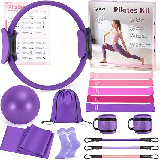 Home Pilates Essentials Kit for Women, Magic Circle Pilates Equipment Ring and Ball Set, 6 Resistance Bands Workout Guide Video for 28 Day Pilates Essential Challenge Starter Kit for Beginners