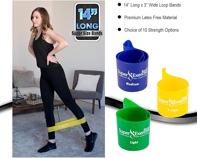 USA 14" x 3" Extra Long Latex Free Mini Loop Bands in 3, 5, 10 Pack Sets. 10 Strengths for Resistance Training, Stretching, Yoga, Toning. Plus an Exclusive iPhone App and E-Book.