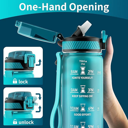 Water Bottle with Straw, 27oz Motivational Water Bottles with Time Marker to Drink, Tritan BPA Free, 750ml Sports Water Bottle with Carry Strap LeakProof for School Fitness Outdoor (1Pack)