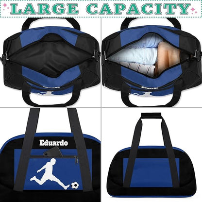 Custom Sports Gym Football Duffel Bag for Boys, Personalized Gym Bag Sports Travel Bag Tote Training Carry On Weekend Sports Travel Bag, Playing Soccer Blue and Black Background