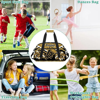 Custom Cheerleaders Dance Bag for Girls, Personalized Dance Ballet Bag for Teens Girls Waterproof Weekender Practice Travel Sports Duffel Gym Bag, Gold Sequins with Black
